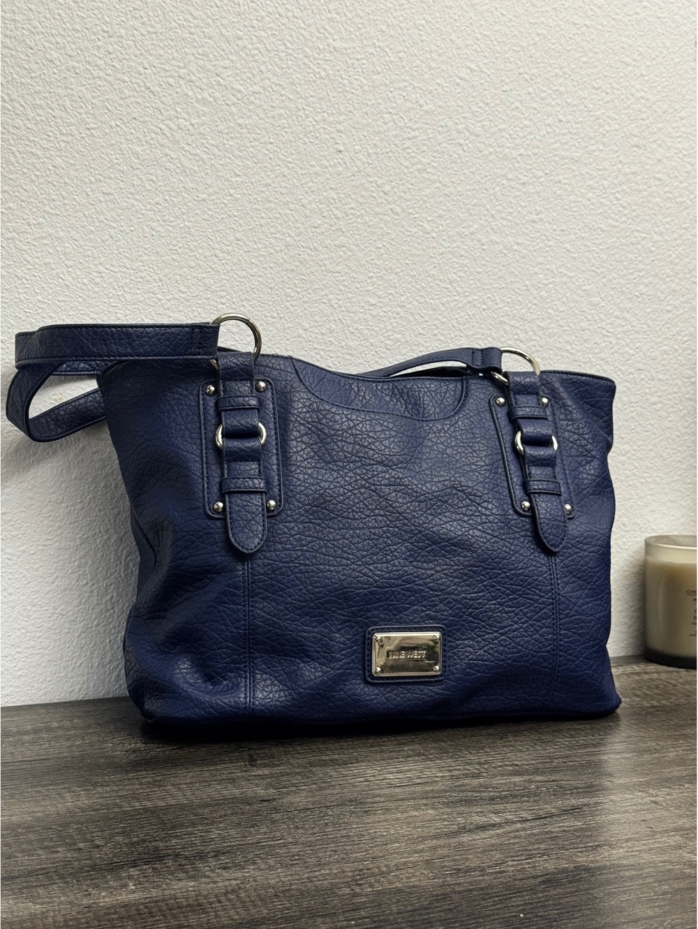 Nine West Navy Blue Pebbled Faux Leather Tote Shoulder Bag Large